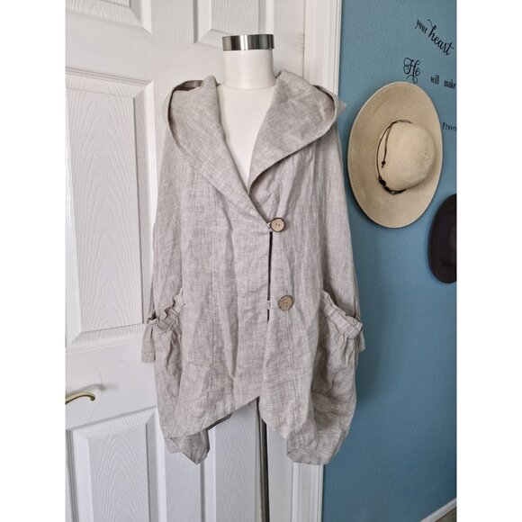 Yuvita Large 100% Linen Lagenlook Tunic Beige/Natural Hoodie Pockets Sz M/Lg - Picture 4 of 10